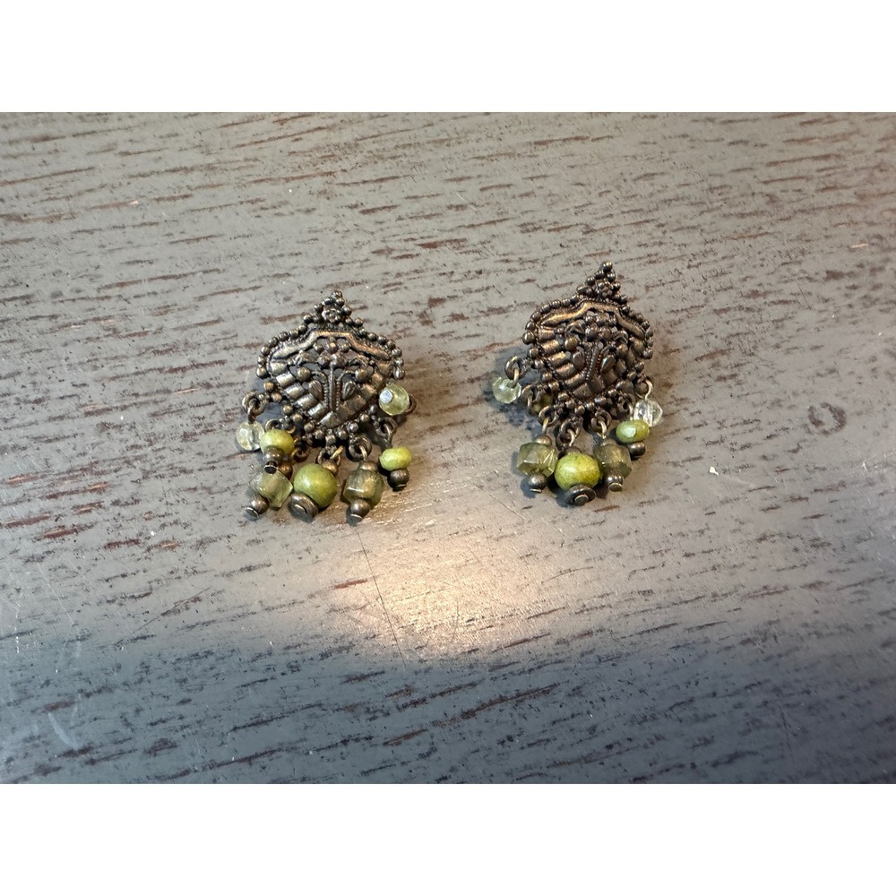 Vintage Antique Silver Tone Green Bead Chandelier Drop Earrings Boho Filigree